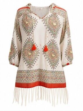 Roberta Roller Rabbit Ivory Swim Cover up Coral Tassels and Fringe Sz Small